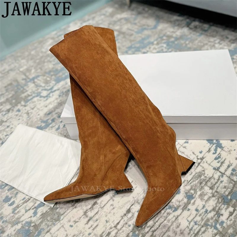 Strange Wedge Heel Knee High Boots Women Quality Real Suede Leather Punk Boots Casual Slip On Fashion Week Cowboy Boots femina