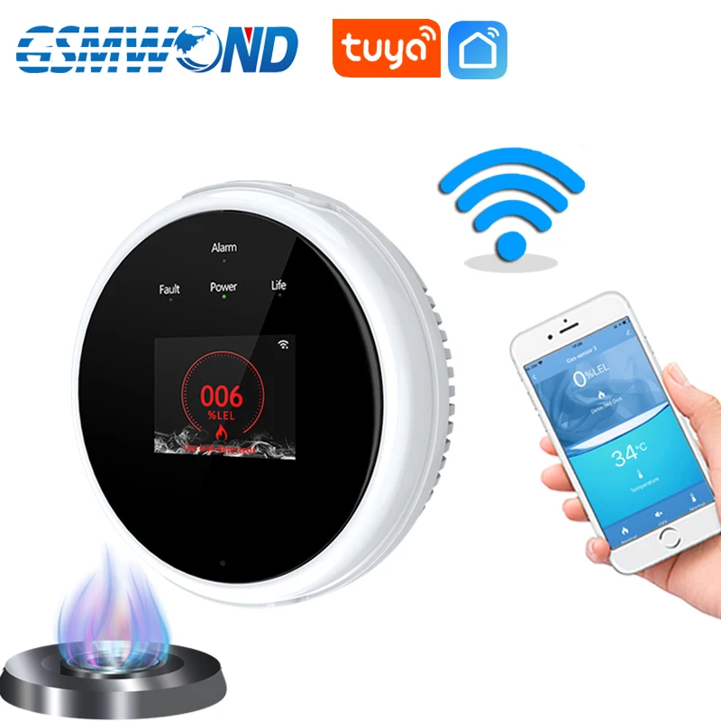 Casa inteligente wi fi sensor de vazamento de gás display led tela detector de temperatura combustível tuya lpg vazamento de gás alarme segurança