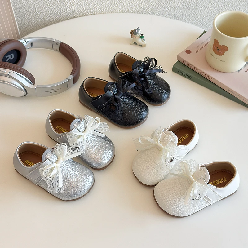 Autumn Girl's Loafers Bowknot Lace Hook-loop Sweet Kid's Flat Shoe Solid Color Anti-slip Stylish Daily Casual Children Shoe 4-6Y