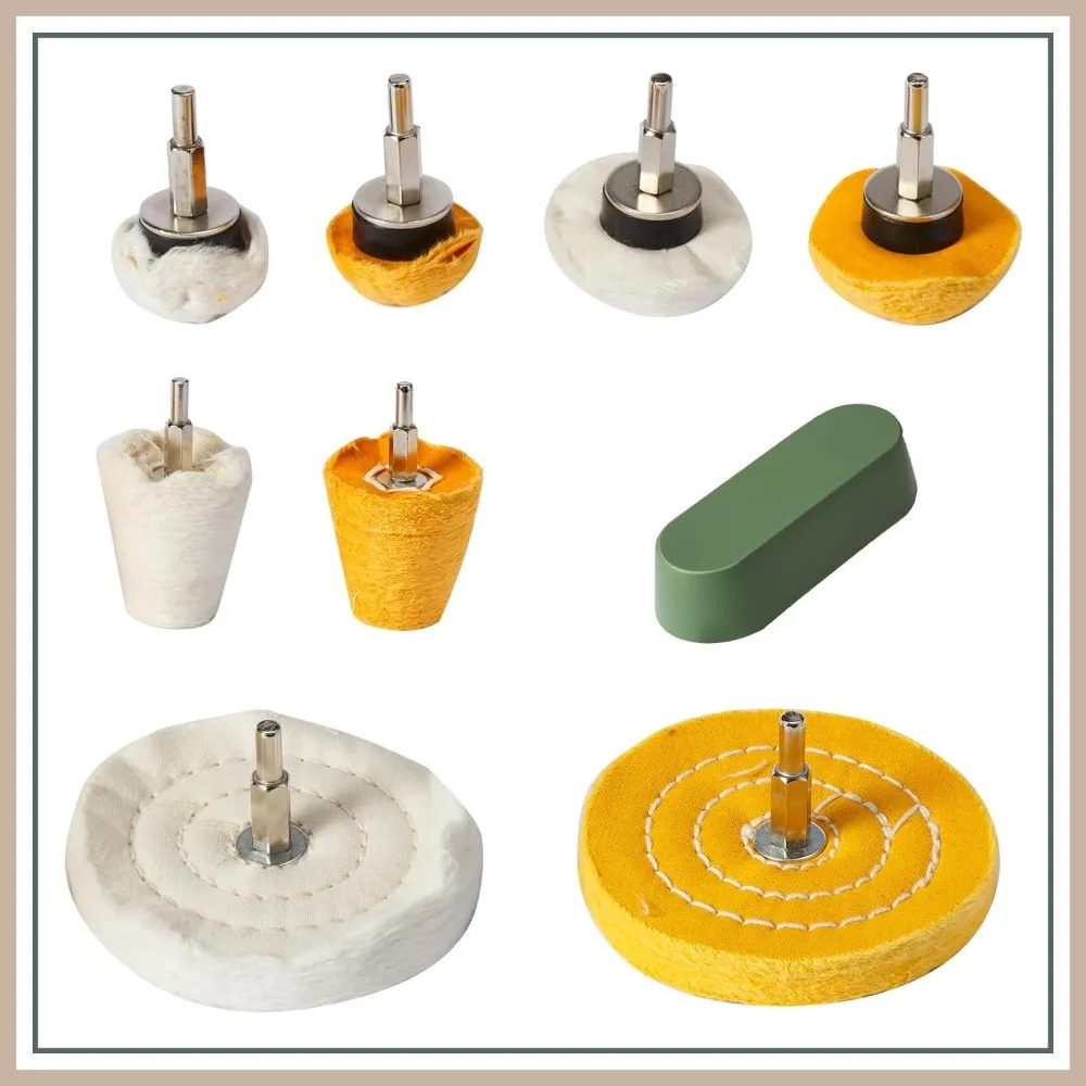 

9pcs Drill Buffing Wheel Kits with Green Compound, High Density Polisher for Metal, Jewelry, Car, Aluminum DIY Finishing
