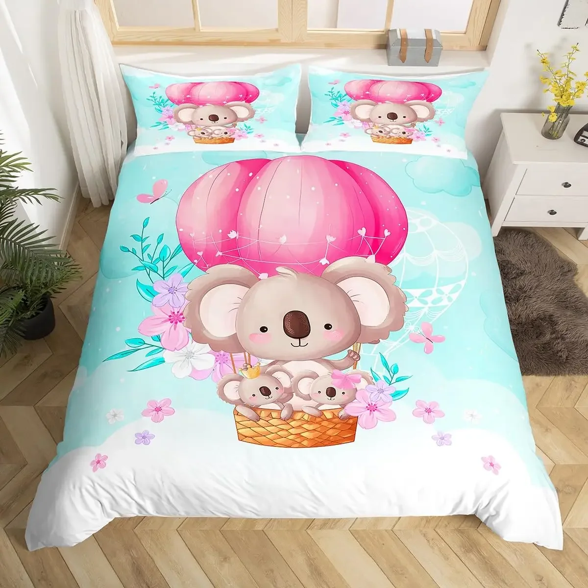 Cute Koala Duvet Cover Twin Size,Pink Hot Air Balloon Bedding Set Watercolor Flower Animals Comforter Cover Cartoon Quilt Cover