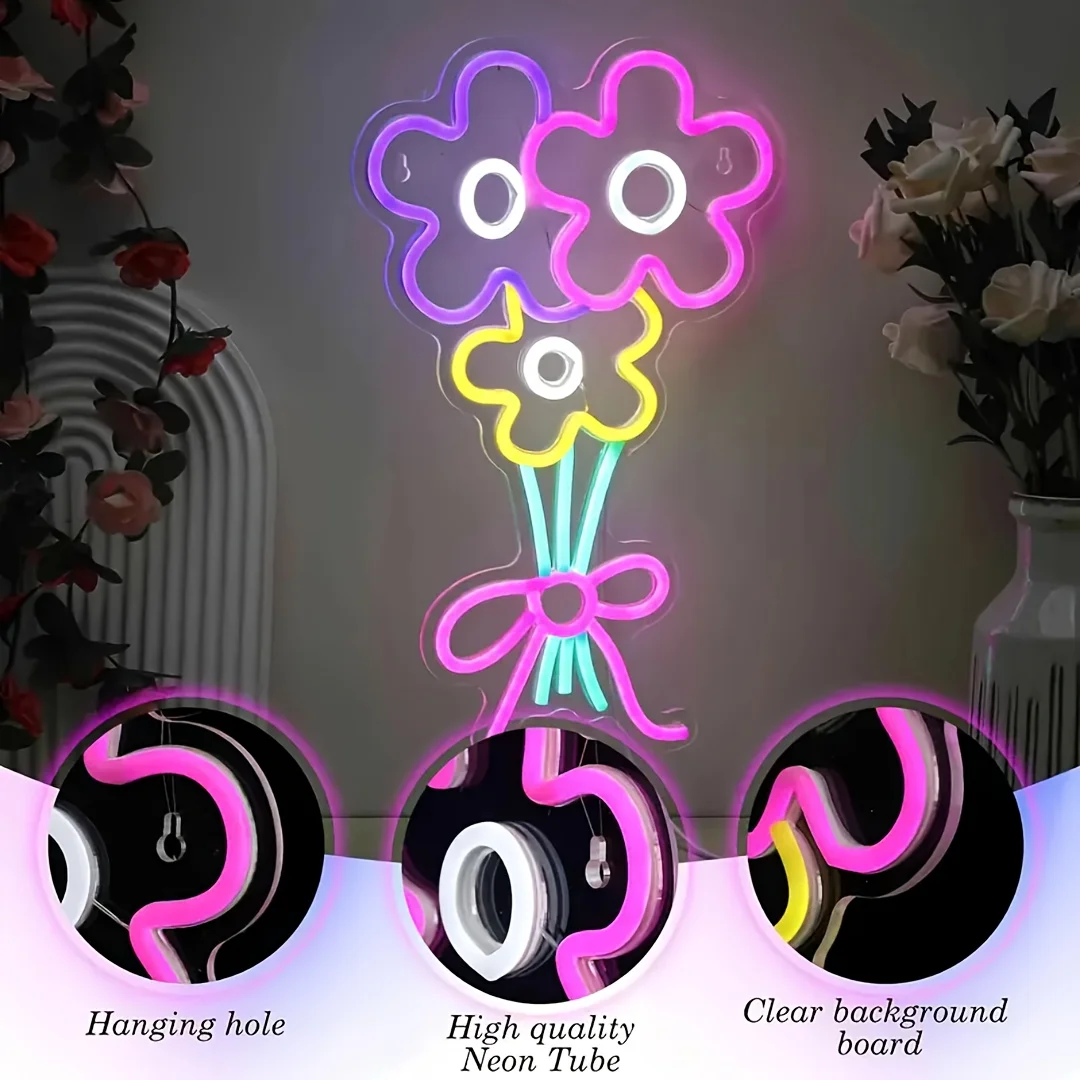 Bouquet of Flowers Neon Light Sign USB Dimmable LED Neon Sign Wall Decoration for Bedroom Gameroom Livingroom Party Gifts