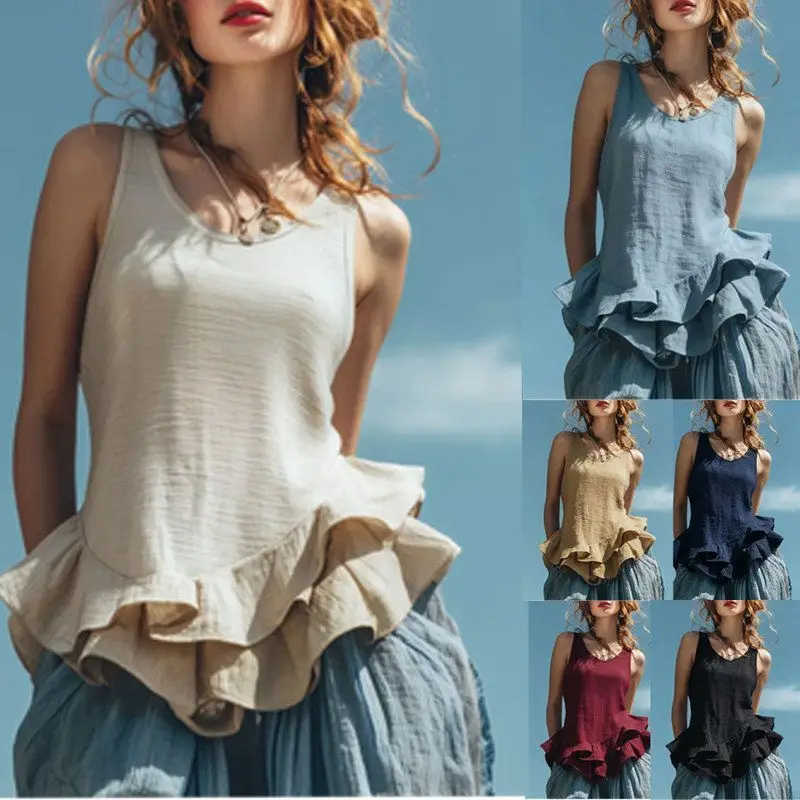 

Fashionable Sleeveless Cotton Linen Top Spring Summer New Arrival Independent Station Cross-Border Style Hem Ruffle Design Ca...