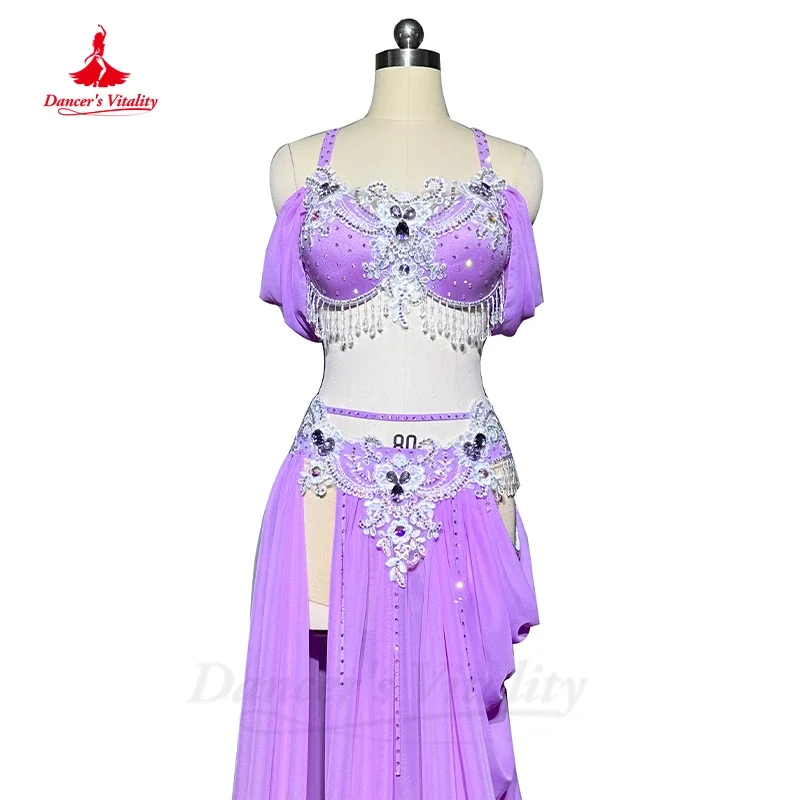 Traje de competición de danza del vientre para mujer, ropa de Baile Oriental, sujetador de piedras y falda larga, 2 piezas