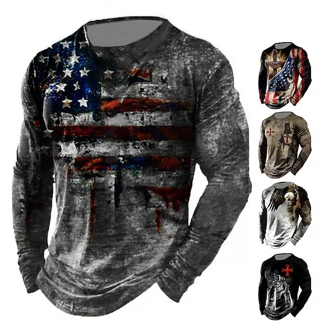 Men's Tshirt Tee Distressed Graphic Prints American Flag National Flag Crew Neck Outdoor Street Long Sleeve Print Clothing