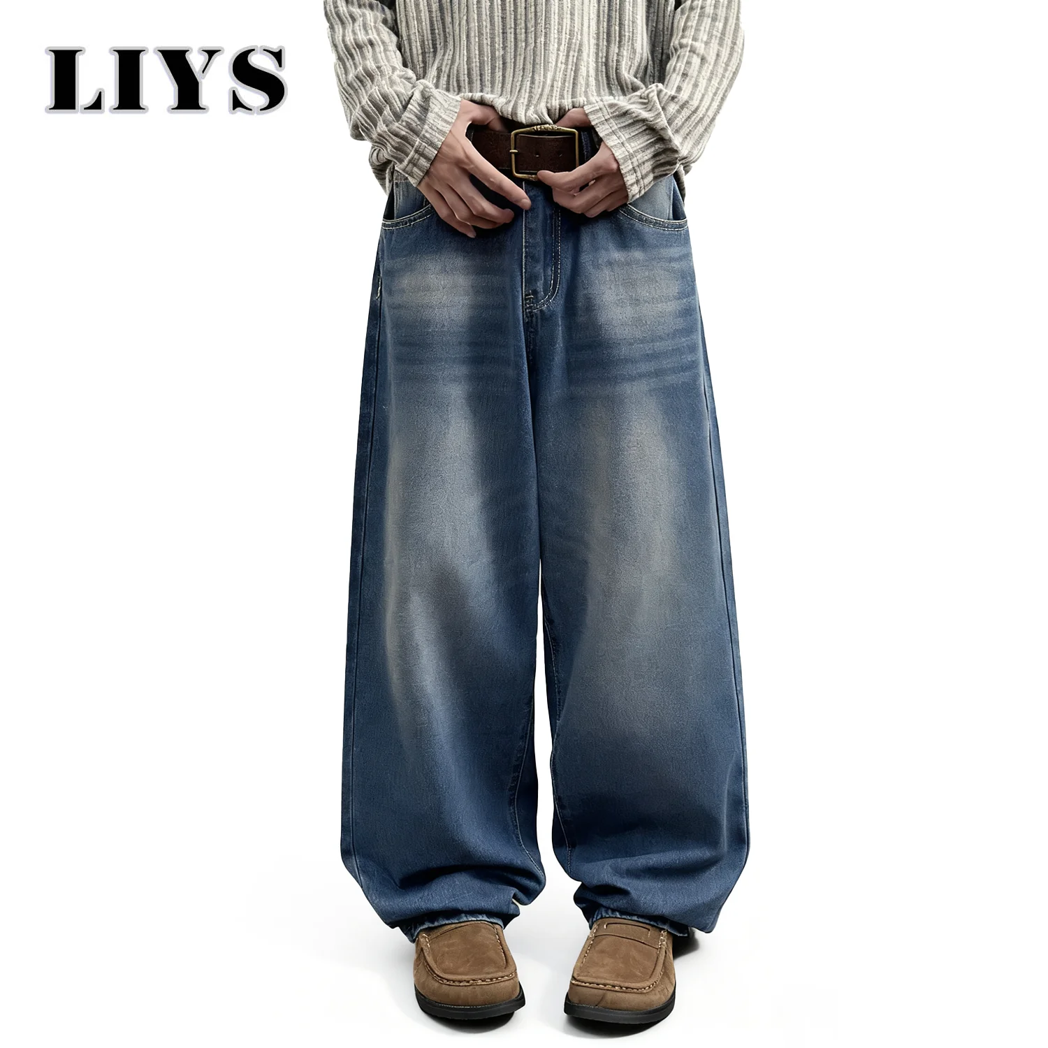 Autumn Men's Daily Denim Pants Retro Blue Washed Male Baggy Jeans Four Seasons Straight Casual Menwear Loose Wide Leg Jeans ﻿