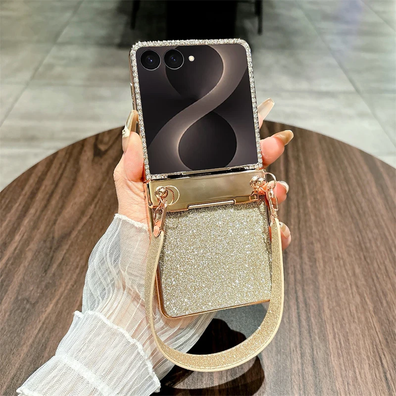 Luxury Sparkly Glitter Wrist Hand Strap Wristband Phone Case For Samsung Z Flip 8 7 FE 6 5 4 3 Hinge Protection Shockproof Cover