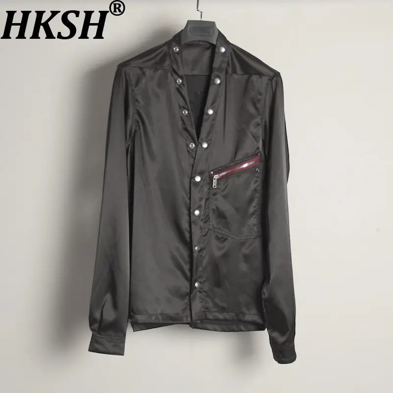 

HKSH Single-Breasted Casual Shirt Spring Autumn New Men Tide Dark Long-Sleeved Unique Red Pockets Chic Ins RO Streetwear HK21601