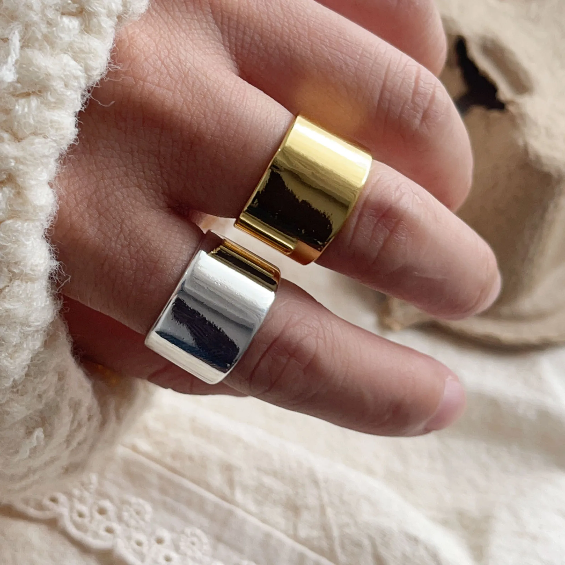 925 Sterling Silver Rings For Women Geometric Fine Jewelry Finger Adjustable Smooth Gold Wide Ring For Party Birthday Gift