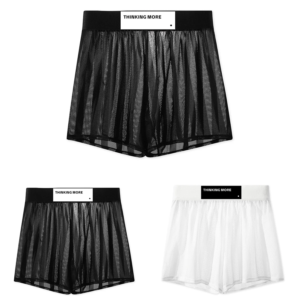 1pc Men Mesh Loose Striped Boxer Shorts Hollow Out Breathable Home Wear Underwear L-3XL Large Size Comfortable Trunks