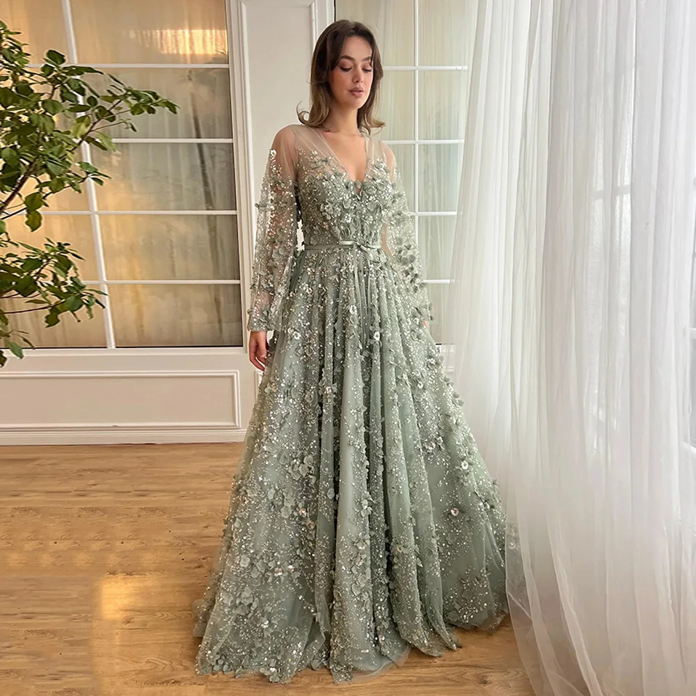 Exquisite Lace Evening Dress Customized Batwing Sleeves V Neck Beading Sequined Flowers A Line Prom Gown Birthday Party Dresses image 5