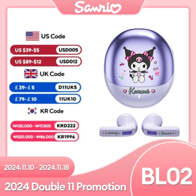 Miniso Sanrio BL02 Wireless Bluetooth 5.4 Earphones Touch Control HD Call Earbuds With LED Long Endurance Music Headphones Cute