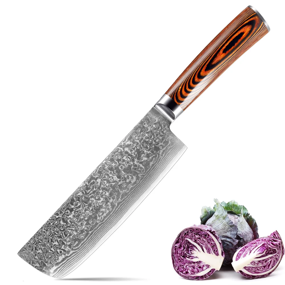 XITUO Damascus Steel Nakiri Knife 7 Inch Cleaver Sharp Kitchen Chef Knife Slicing Vegetables Meat Knife, Colorful Wooden Handle