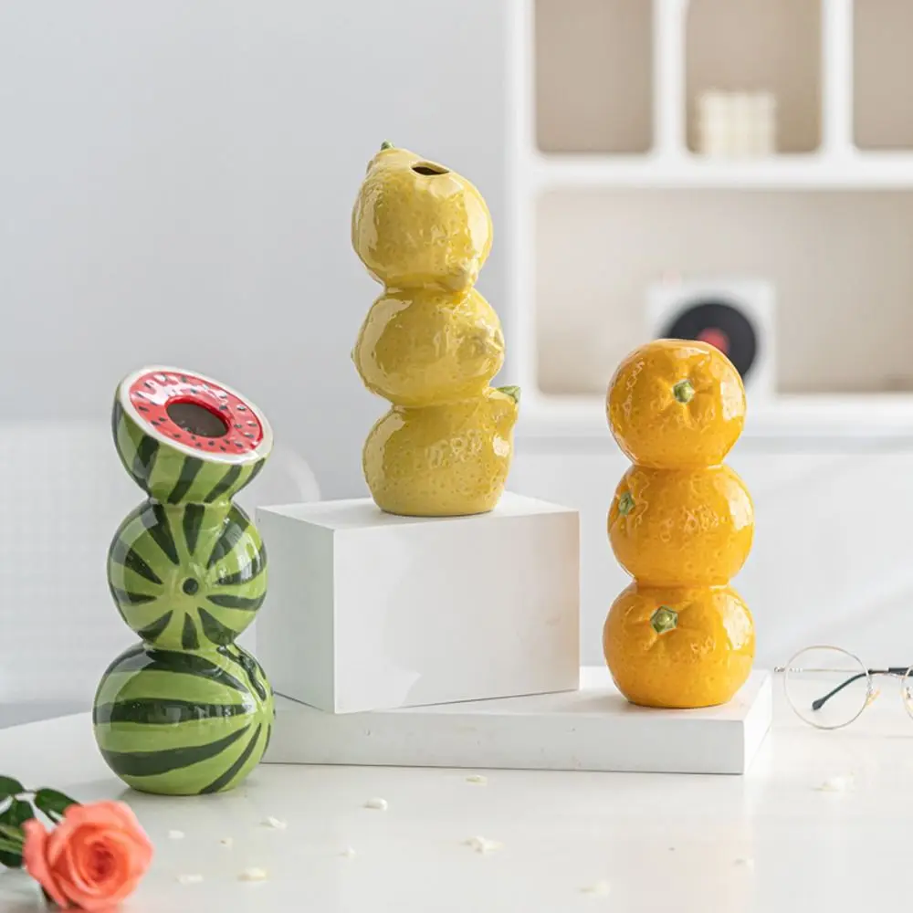 

Мультяшная модель фруктов, ваза, оранжевый, лимон, арбуз, керамические поделки, контейнер для растений, уникальная ваза для цветочной композиции ручной работы