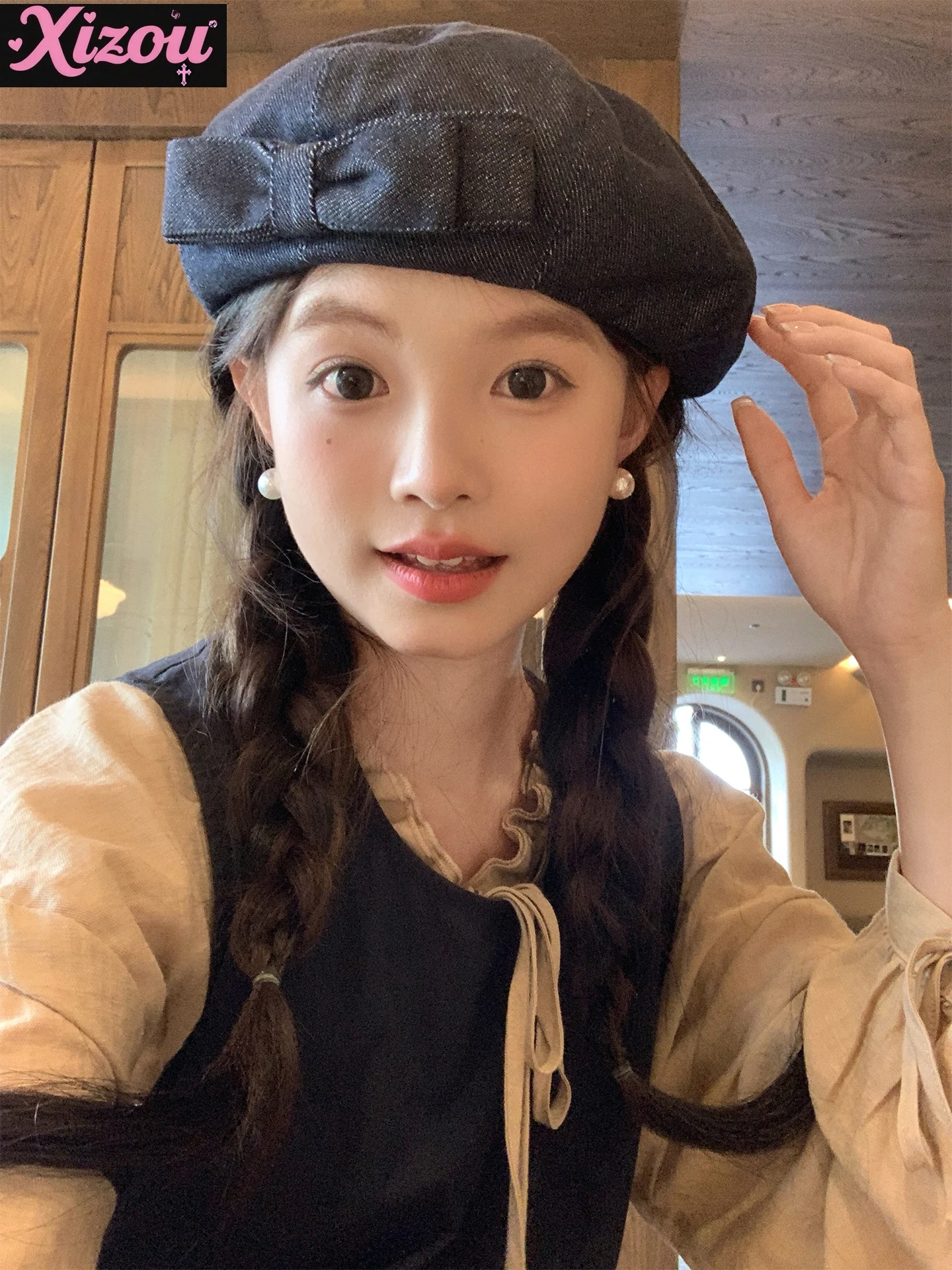 

Japanese Handmade Sweet Double-layer Bow Cowboy Beret Soft Girl Temperament Female Face Small Big Head Circumference Painter Hat