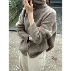 Turtleneck Cardigan Ladies 100% pure woolen sweater Autumn and winter loose thickened cashmere base sweater knitted coat tide