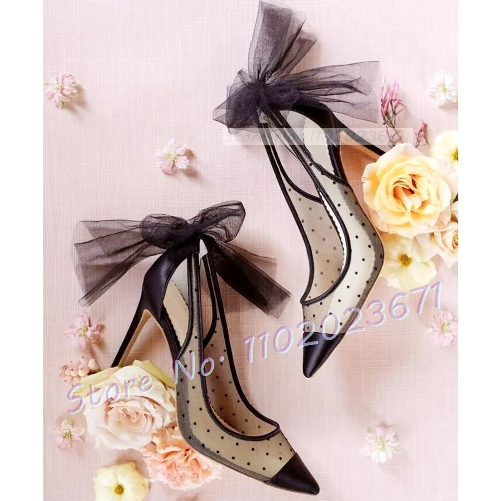 Black Tulle Bow Dots Pumps Women Summer Mesh High Heels Sexy Pointy Wedding Silk Shoes Ladies Party Solid Casual Slingback Pumps