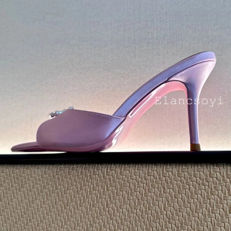 Summer Pointed Toe Exposed Toes Satin Silk Slippers Women Shiny Crystal Design Thin Heel Sandals Female Banquet Dresses Shoes