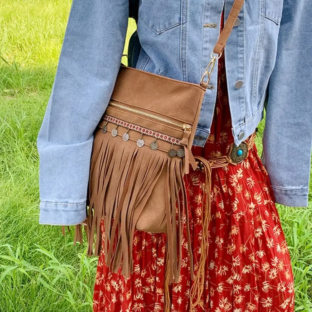 

Замшевая сумка-мессенджер с бахромой в корейском стиле, однотонная сумка через плечо из искусственной кожи с кисточками, сумка через плечо в богемном стиле в этническом стиле