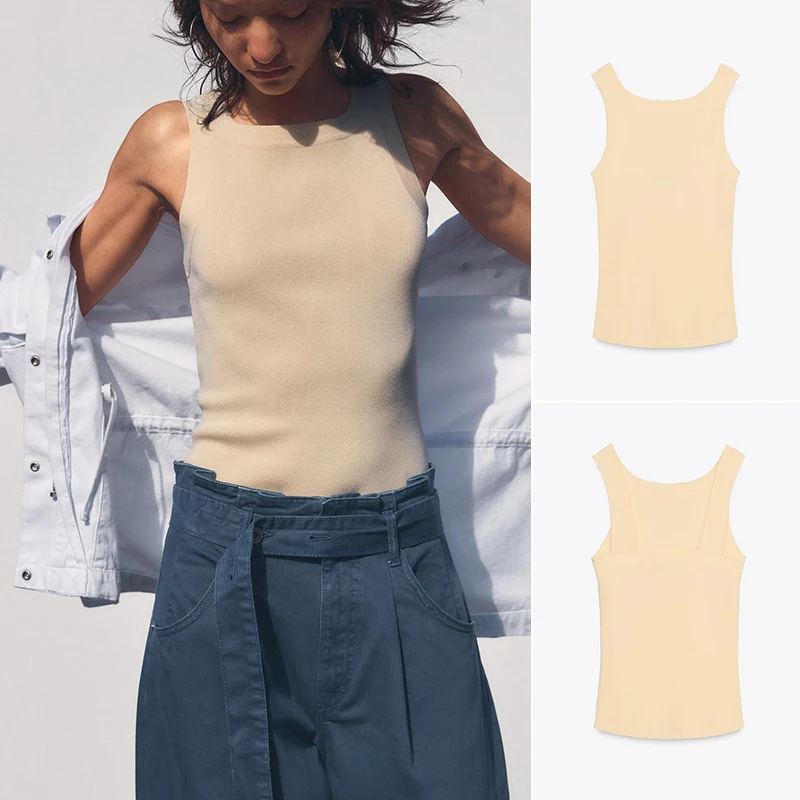 

Spring Summer Women's Knitted Slim Fit round Ne Top with Wide oulder Straps Simple Versatile round Ne Knitwear