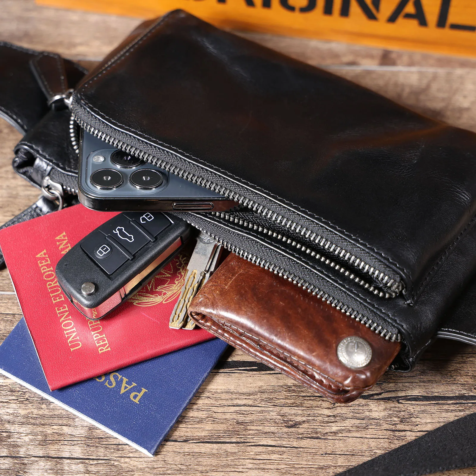 Echte Leder-Umhängetasche für Herren, Crossbody-Brusttasche im Schlichten, Modischen Stil aus Rindsleder, Hochwertige Leder-Freizeittasche – Detail 19