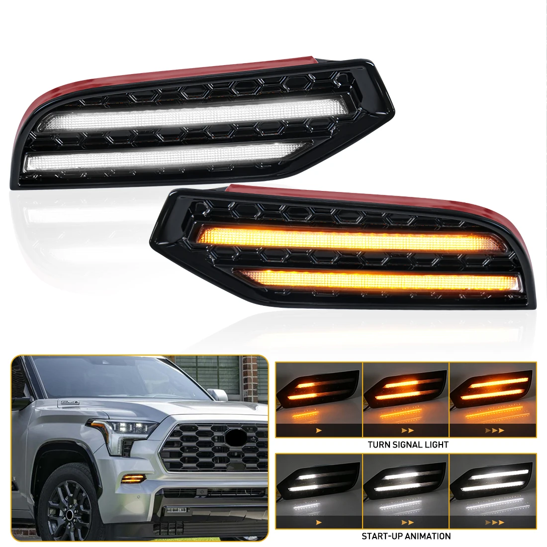 Car LED Daytime Running Light DRL For Toyota Sequoia 2023 Front Bumper Start-Up Animation Fog Lamp Turn Signal Yellow White 12V