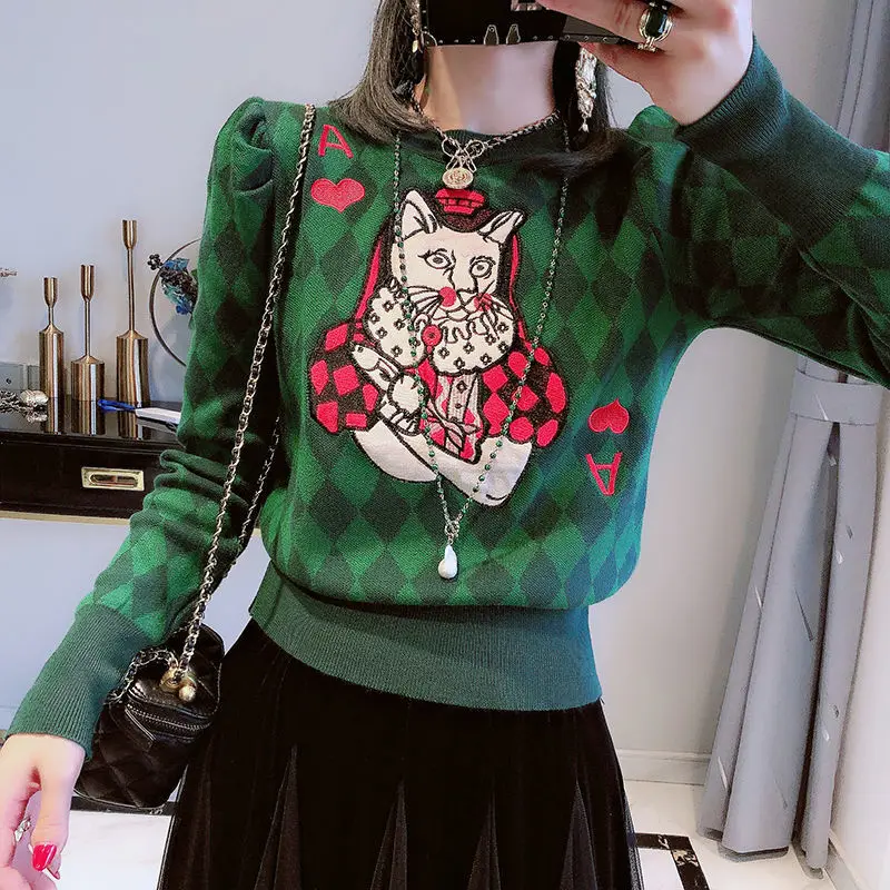 Korobov Autumn Winter New O Neck Puff Sleeve Women Pullovers Korean Kawaii Cartoon Hit Color Plaid Sweaters Streetwear Crop Top