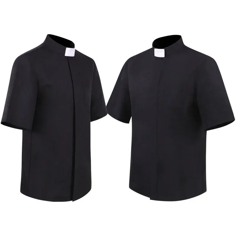 Priest Shirt Pastor cosplay costume  Men Medieval Clergy Catholic Church Minister Preacher Short Sleeve Tops Roman Blouse