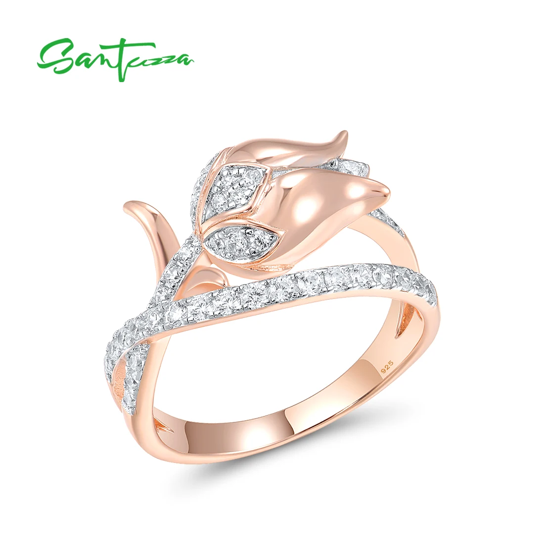 SANTUZZA Pure 925 Sterling Silver Rings For Women Sparkling White CZ Rose Gold Plated Flower Amazing Wedding Gifts Fine Jewelry