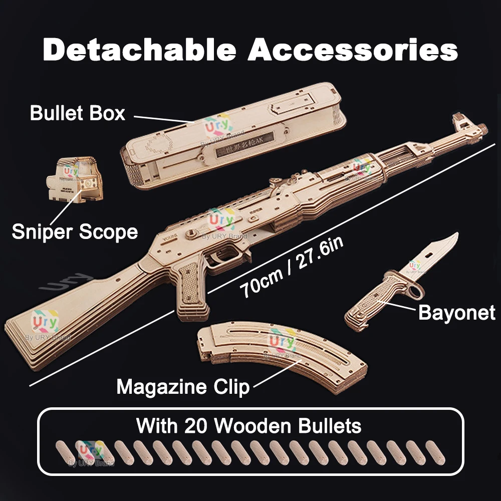 Ury 3D Wooden  WW2 Puzzle AK47 Assault Rifle Military Series Army Weapon Bullet Assembly Model DIY Gun Toy Collection for Boys