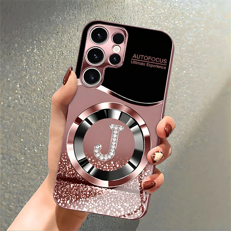 Pink rose gold diamond J-pattern electroplated glass phone case for Samsung Galaxy S26 S25 S24 S23 S22 FE/Ultra/Plus anti Cover