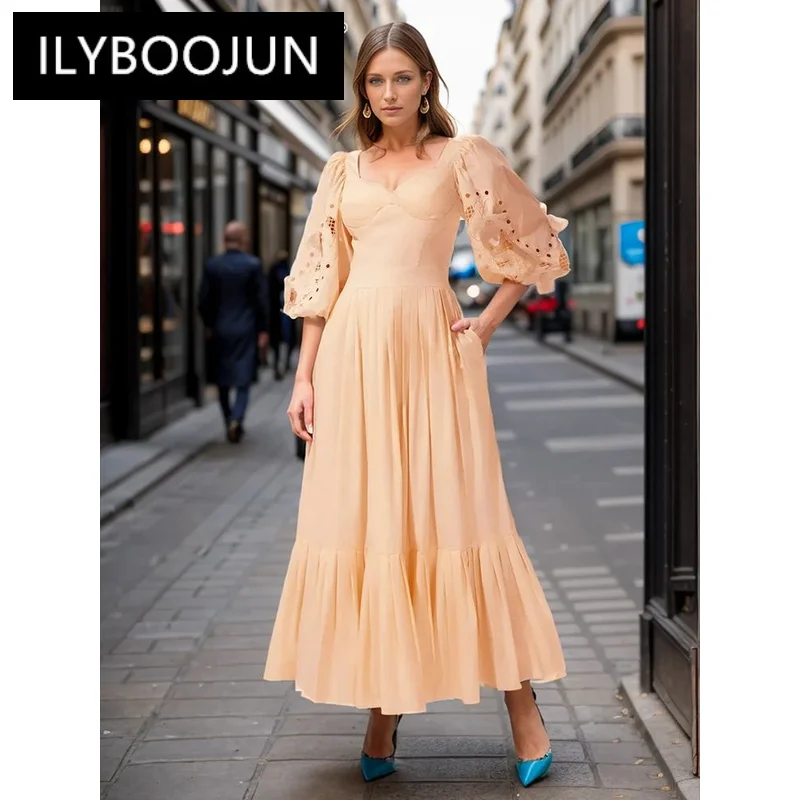 

ILYBOOJUN Solid Hollow Out Dresses For Women Square Collar Lantern Sleeve High Waist Patchwork Ruffles Loose Dress Female New