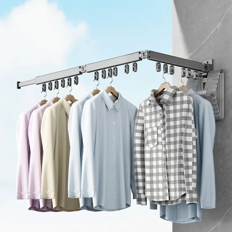 Folding clothes rack balcony indoor space aluminum invisible telescopic rod clothes drying quilt wall hanging clothes rack