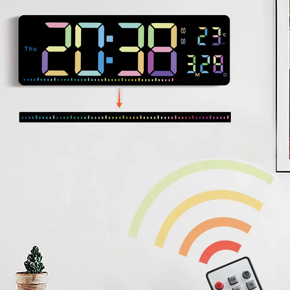 Remote Control Big Digital LED Wall Clock with Colorful Jumping Seconds,Calendar,2 Alarms and Temperature. Brightness Adjustable