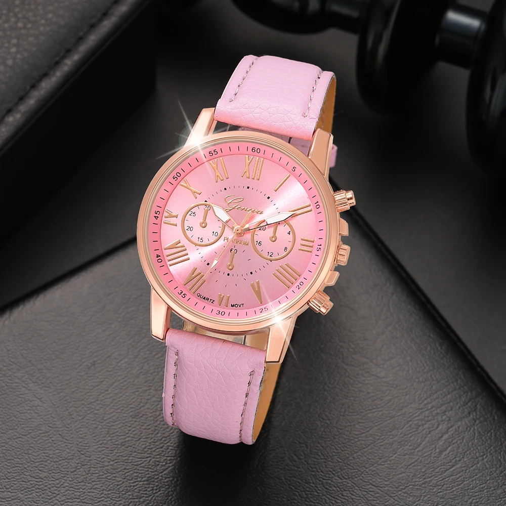 6PCS/Set Pink Women Watch Fashionable Roman Digital Dial Quartz Wristwatch PU Leather Strap Watch Jewelry Set Gift For Girls