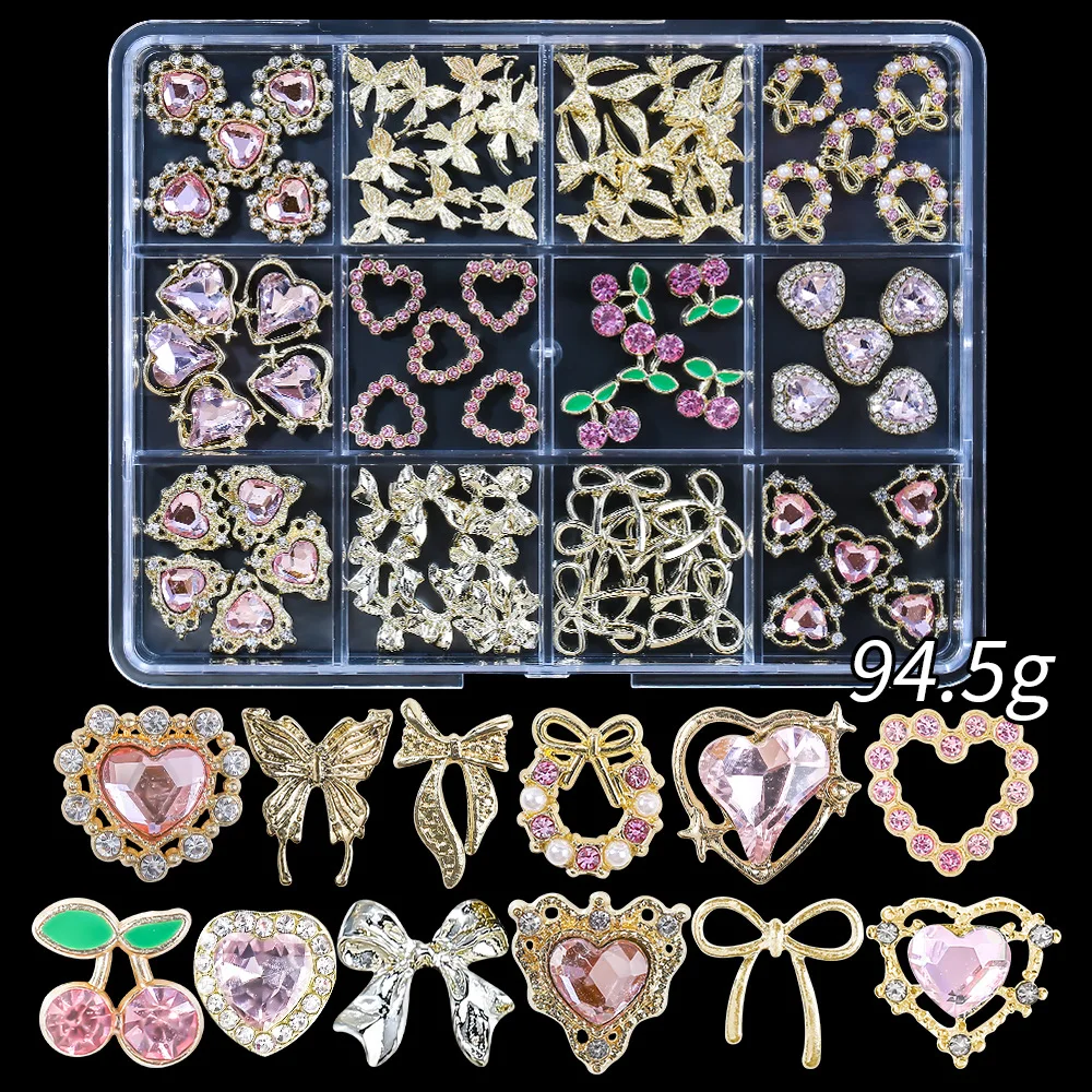 12Grids 3D Mixed Bow/Herz/Schmetterling Nagel Charms mit Diamant Legierung Band, Kirsche, Mond Nail art Dekorationen DIY Maniküre Teile &