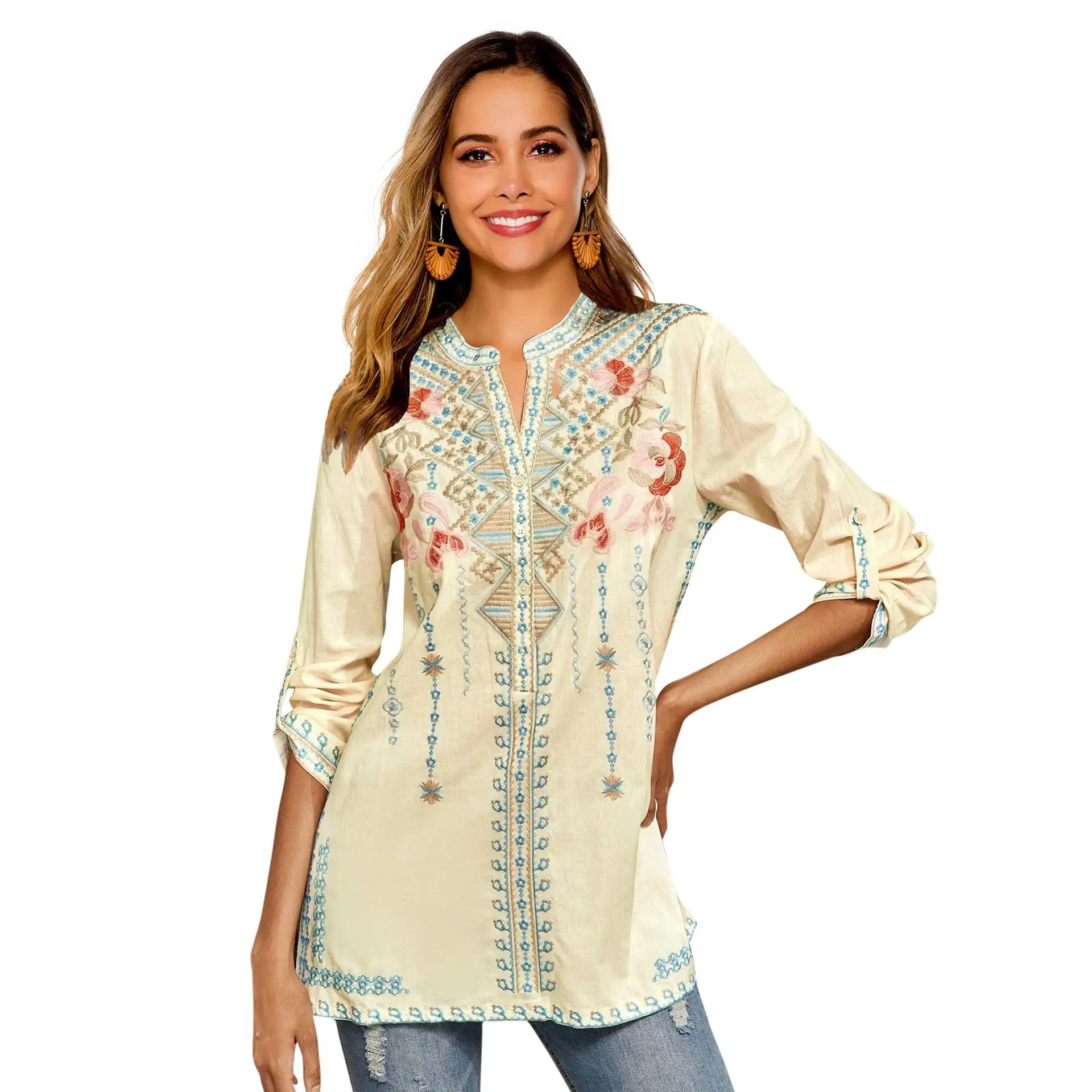 

Women's Long Sved irt mid Length Embroidered Overseas Cotton 00% Sve Regular Pattern Color Blo Autumn Season
