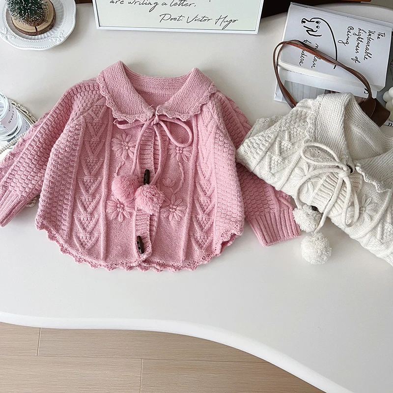 MILANCEL 2-7 Y Autumn New Kids Sweaters Girls Floral Knit Cardigans Coat Childrens Cute Turn Down Collar Knitwear Outwear