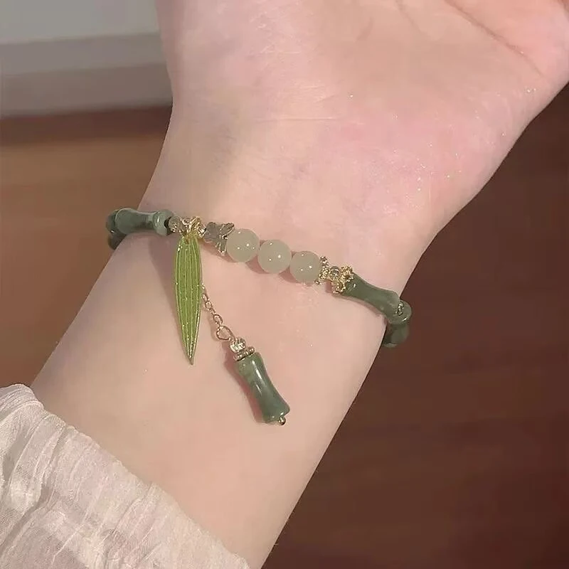 Pulsera de cuentas de articulación de bambú verde Retro de estilo chino para mujer, pulsera de hoja de aleación de encanto Simple, regalo de joyería de moda