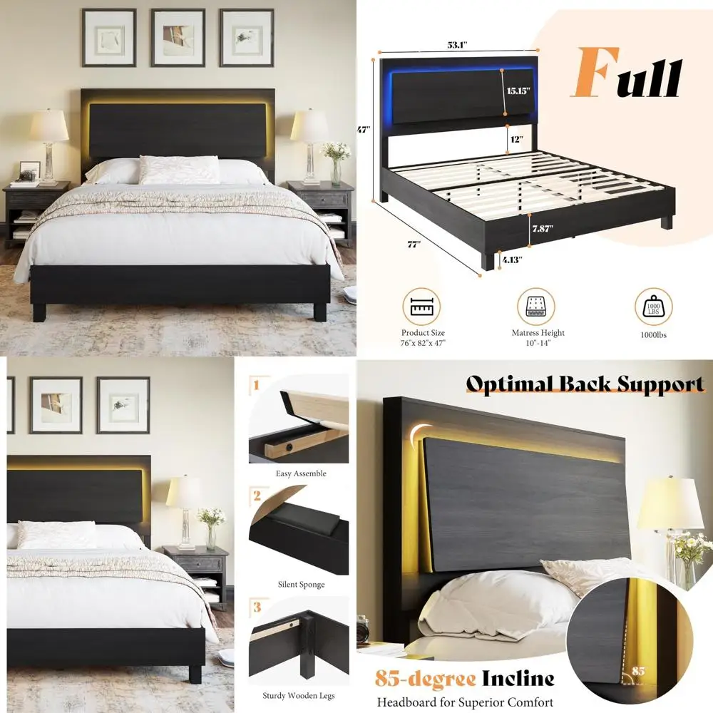 Rustic Wood Full Bed Frame with LED Lights, 47 Headboard, Mattress Foundation, Wooden Slat Support, Platform Bed for Mattress