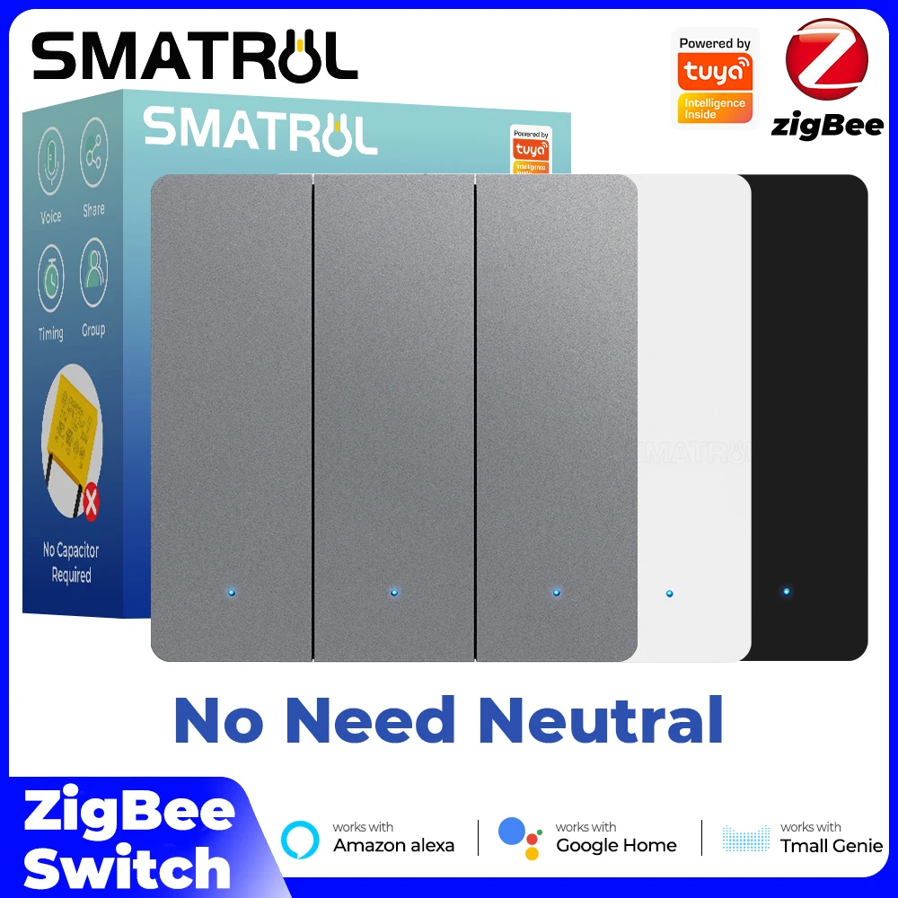 Zigbee EU Wall Switch No Neutral Wire Capacitor Required 1/2/3 Gang Timer Coutdown Tuya Smart Switch Work With Alexa Google Home
