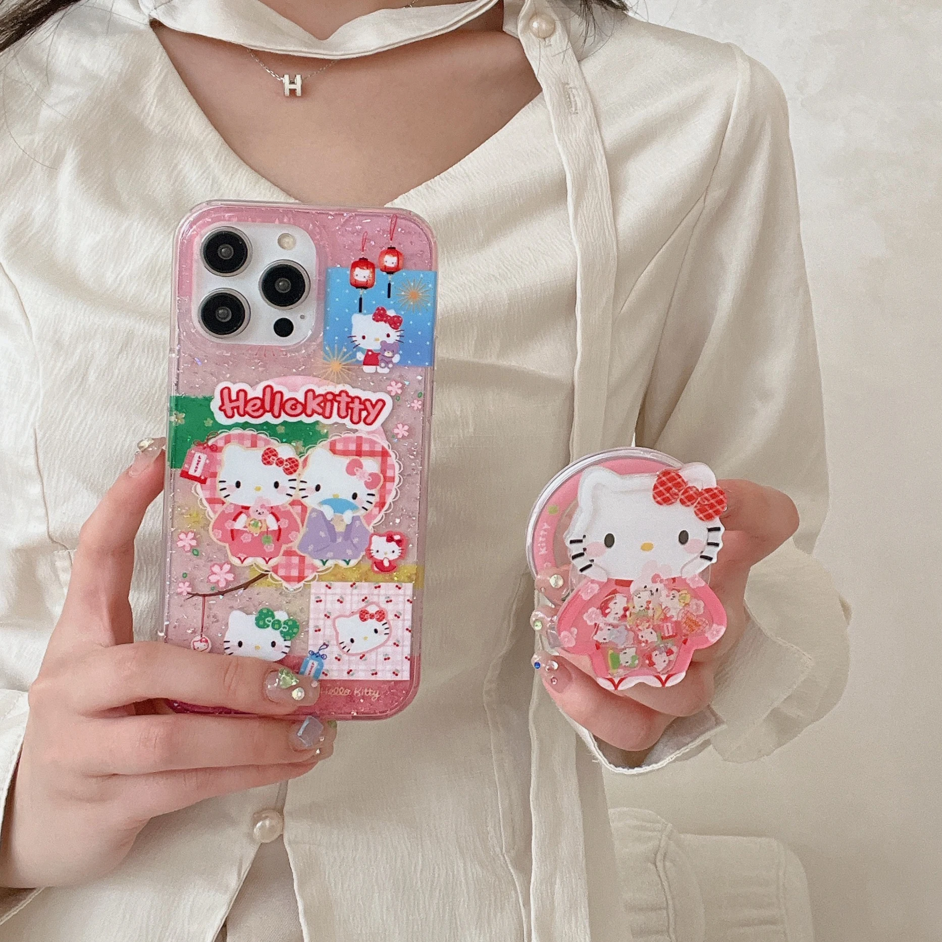 

Bling Bling Double Kawaii Sanrio Series Hello Kitty Pink Shell Bracket Phone Case For iPhone13 14 15 16 Pro Max Anti Drop Case