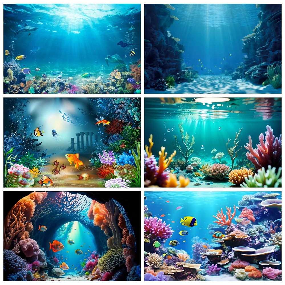 

Underwater World Seabed Backdrop for Photography Ocean Undersea Shark Fish Coral Aquarium Baby Birthday Background Photo Studio