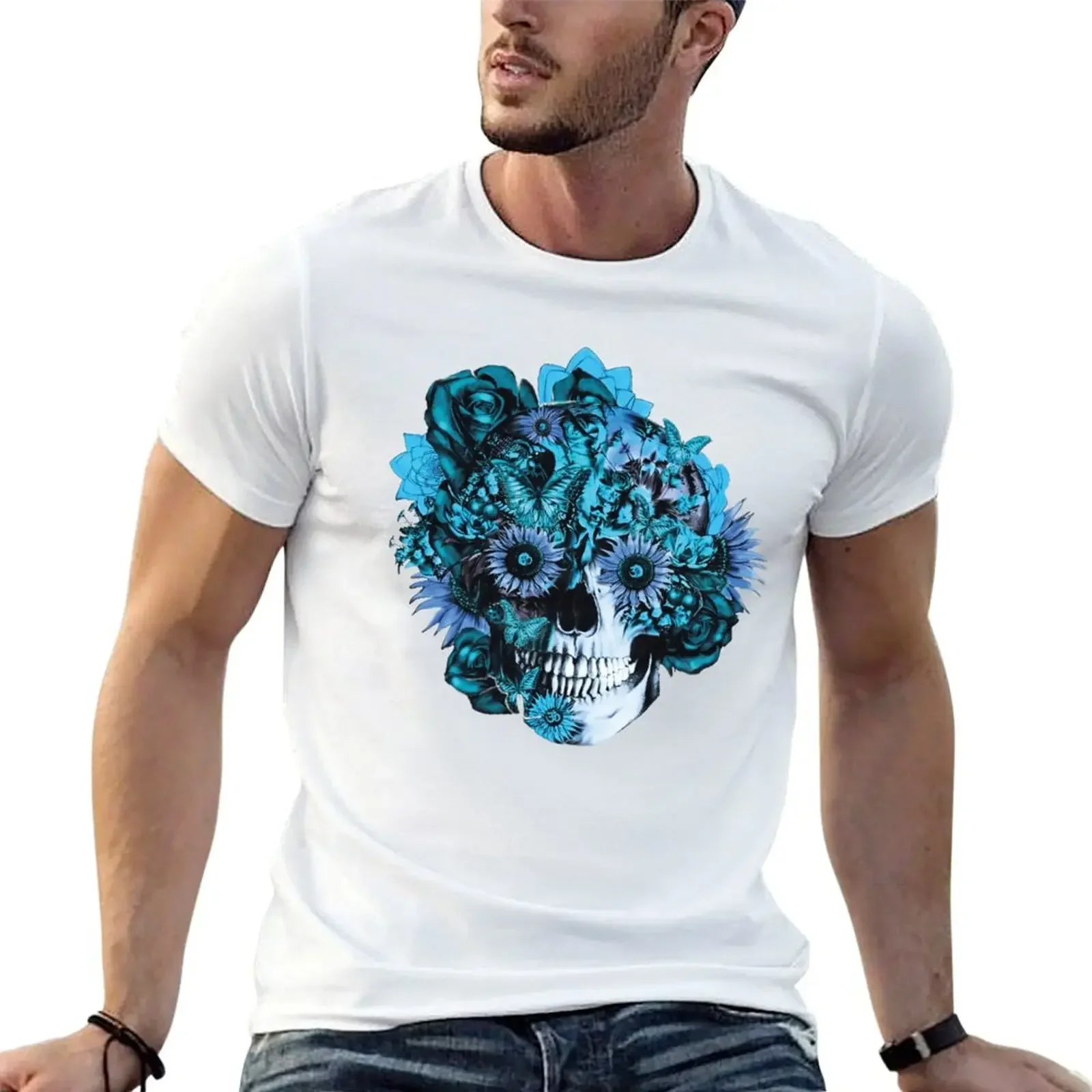 

Blue grunge ohm skull. T-Shirt quick drying cute clothes plus size tops customs design your own shirts men