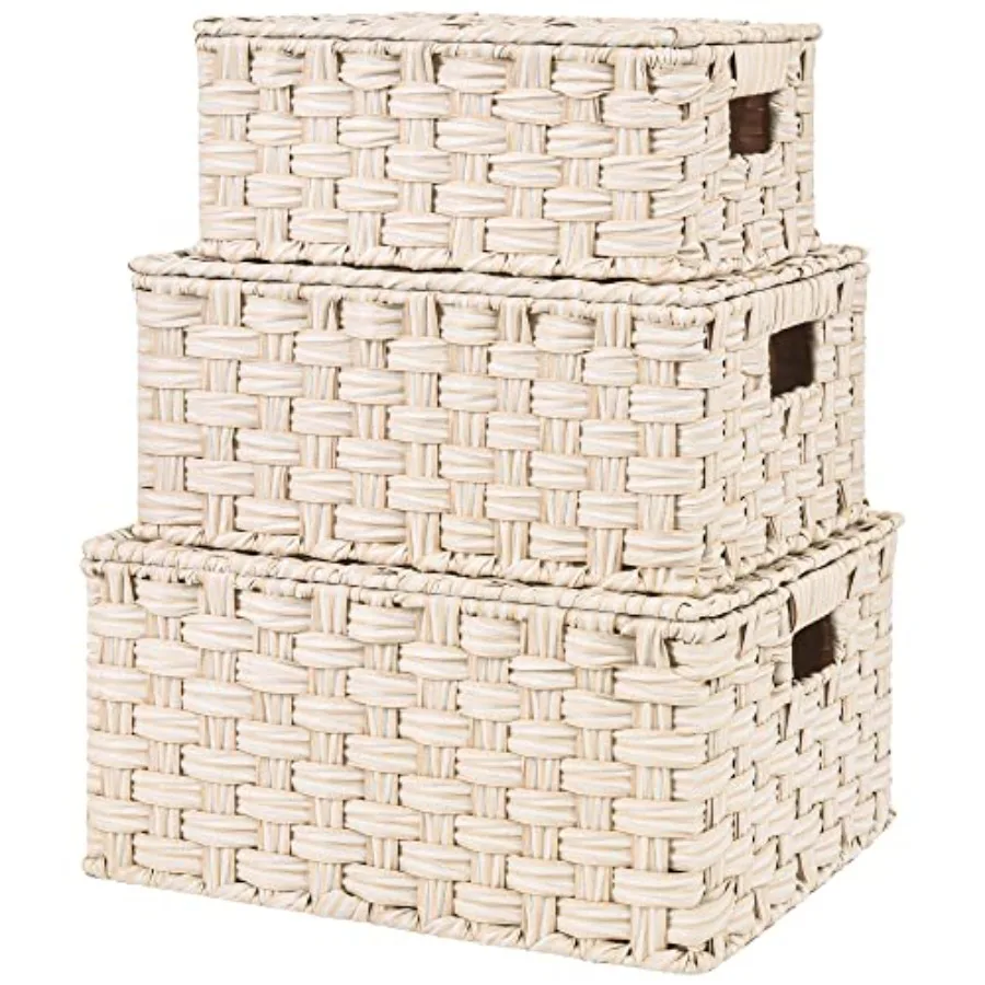 

Wicker Storage Baskets with Lids, Set of 3 Decorative Storage Boxes, Baskets for Organizing