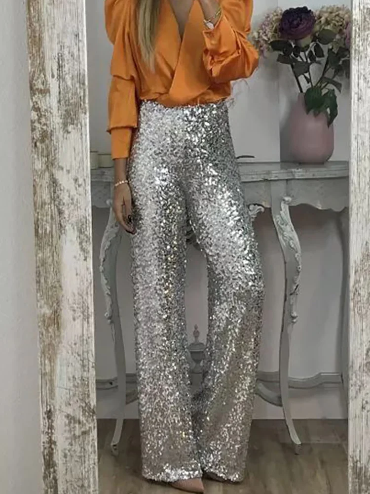 

Loungewear Wide Leg Pants Women Spring Summer Solid All Match Slim Fit Trousers Elegant Streetwear Sequined Pants Dropshipping