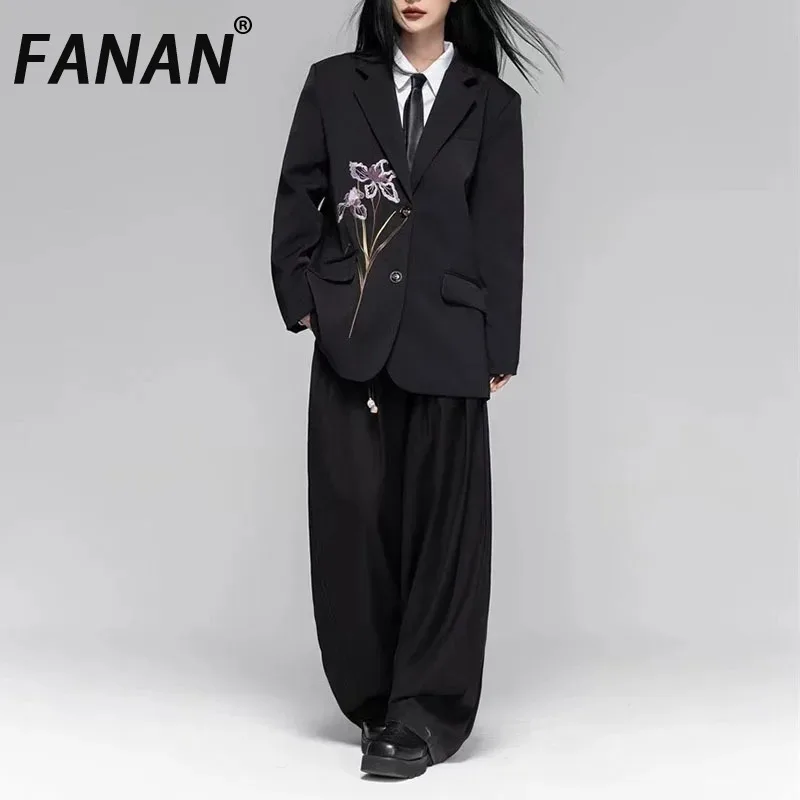 

Женский комплект из 2 предметов FANAN, двубортный свободный пиджак с вышивкой + прямые широкие брюки с высокой талией, новинка весны 2023 г.