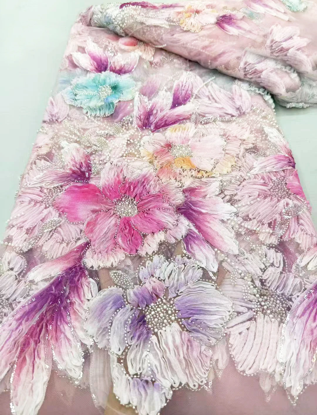 

African Lace Fabric 2025 Pink High Quality Lace Sequins French Net Lace Tulle Mesh Fabrics Pure White 3D Lace Wedding Fabrics