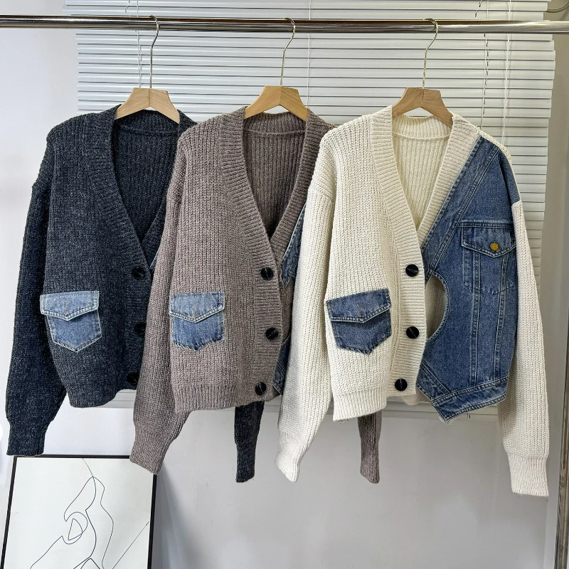 

Women Denim Spliced Sweater Single Breasted Patchwork Long Sleeve Irregular Top Knitted Cardigan Sweaters Autumn Streetwear