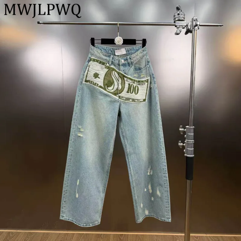 

MWJLPWQ Unisex Light Blue Washed Jeans Casual Wide Leg Pants Novelty Money Inspired Embroidery Distressed Accents Street 15613